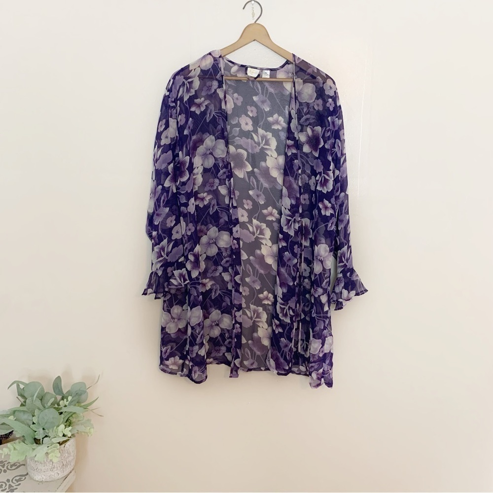 [Fredricks of Hollywood] Sheer Purple Floral Print Wrap Robe